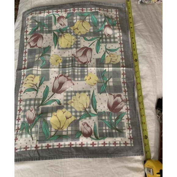 Vintage Woven Cotton Screen Print TULIPS 1960s Kitchen Tea Towel Gray Green Wine - Picture 3 of 7